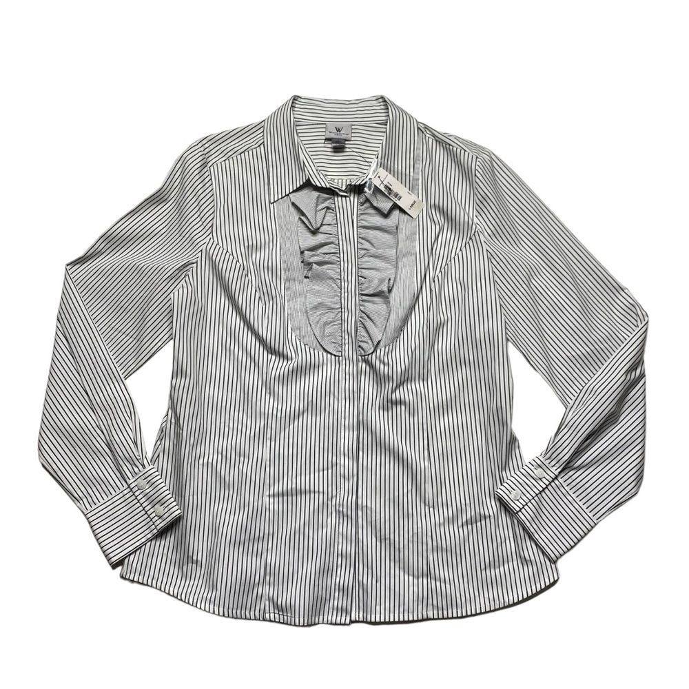 NWT Worthington Striped Tuxedo Ruffle Button Down Shirt Sz L